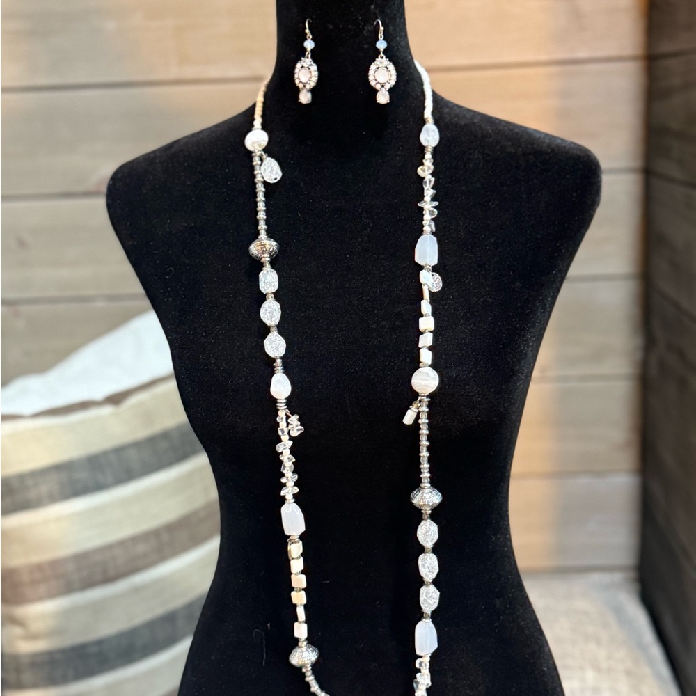 Chico's Silver and White Necklace with Crystal and Pearl Accents and Earings - Picture 5 of 8